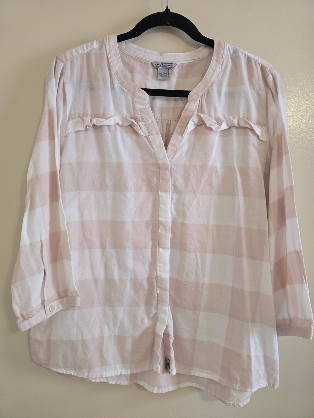 G.H. Bass & Co. Pink and White Plaid Ruffle-Trim Girls' Blouse Sz Large